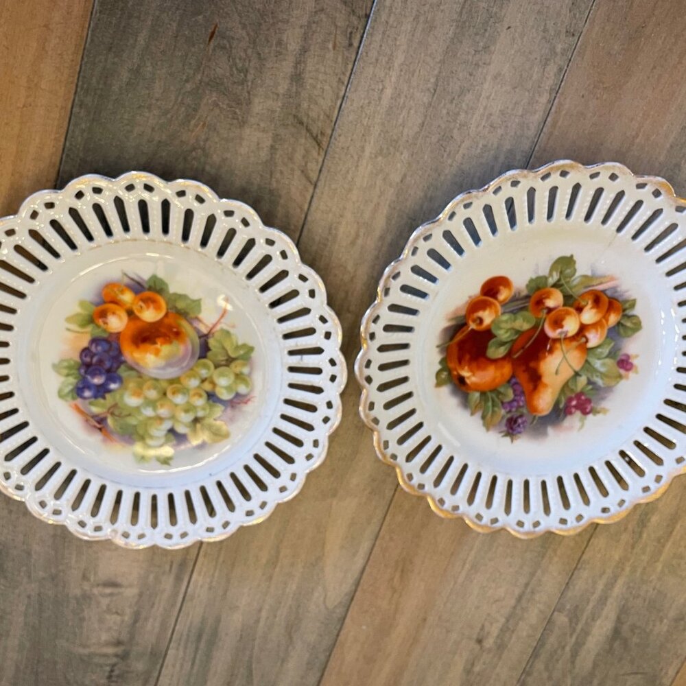 2 Antique Carl Schumann Bavaria reticulated china plates 1892-1923 8.25" dia.